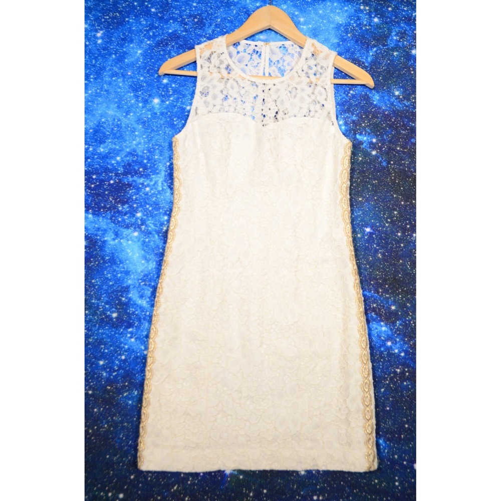Lilly Pulitzer Mila Shift Dress Womens 0 White Lace Floral Gold Trim Sleeveless